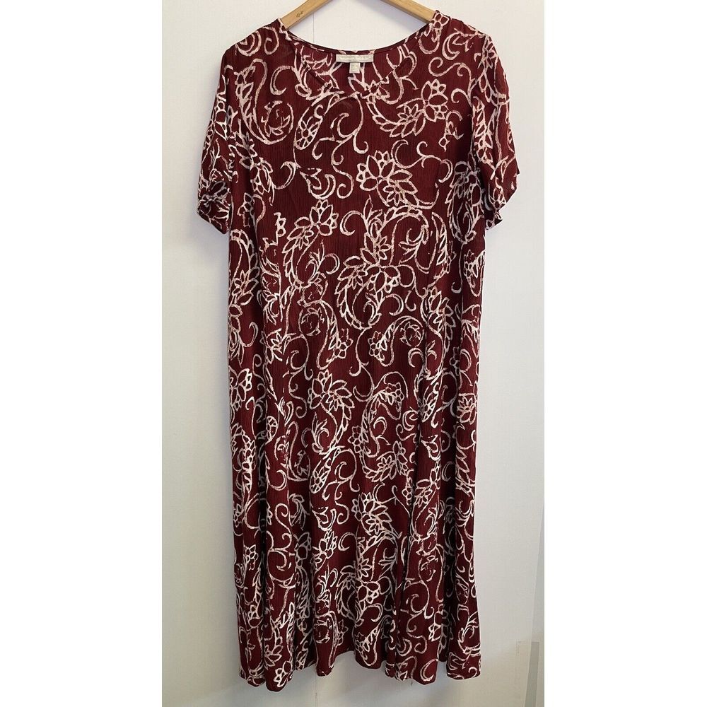 Woman Within Maxi Dress Womens Petite M 14-16 Burgundy Floral Short Sleeve Rayon